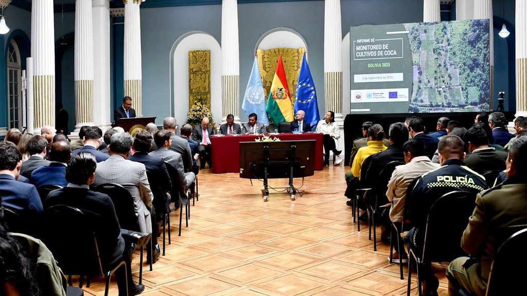 Presentación de la ONUDC del Informe de Monitoreo de Cultivos de Coca 2025, este martes, en La Paz. (Min. Gobierno)