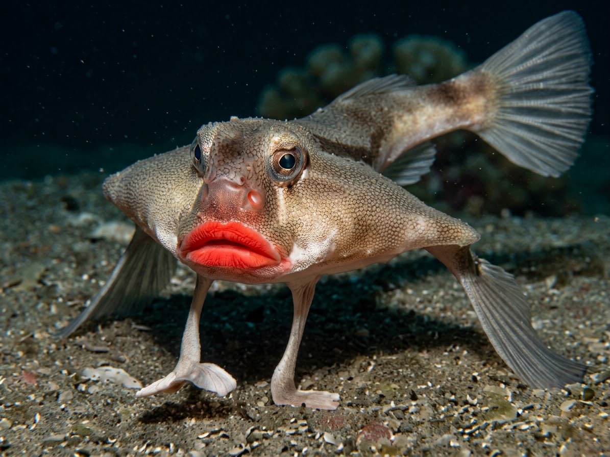El pez murciélago de labios rojos que sorprende al “caminar” por el fondo del mar