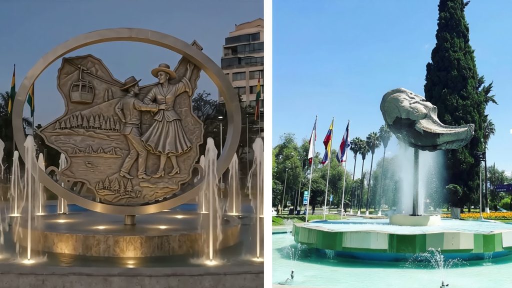 La plaza de las Banderas de Cochabamba en la actualidad y cómo quedará una vez que sea remodelada.